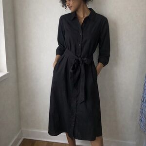 Talbots Black Shirt Dress Button Front Tie Waist 10P Minimalist Quiet Luxury